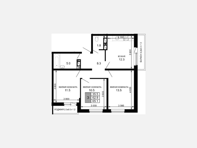 3-комнатная квартира, 62.90 м², 5/16 этаж фото 0