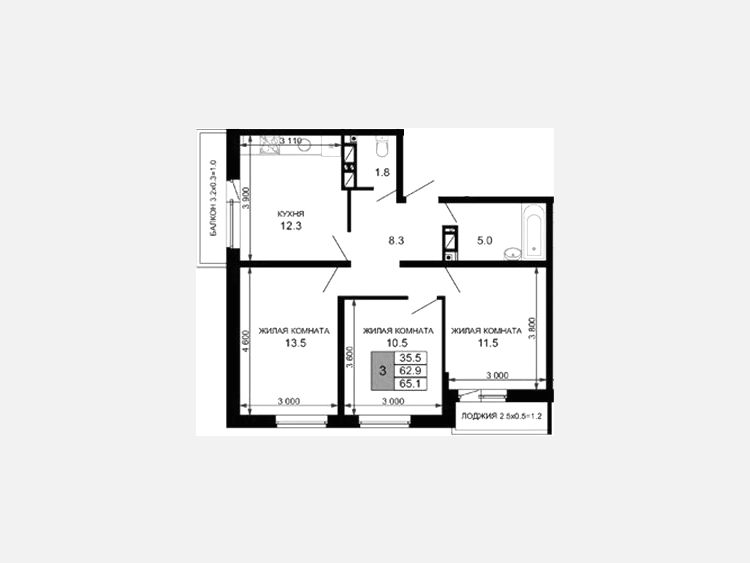 3-комнатная квартира, 62.90 м², 10/16 этаж фото 0