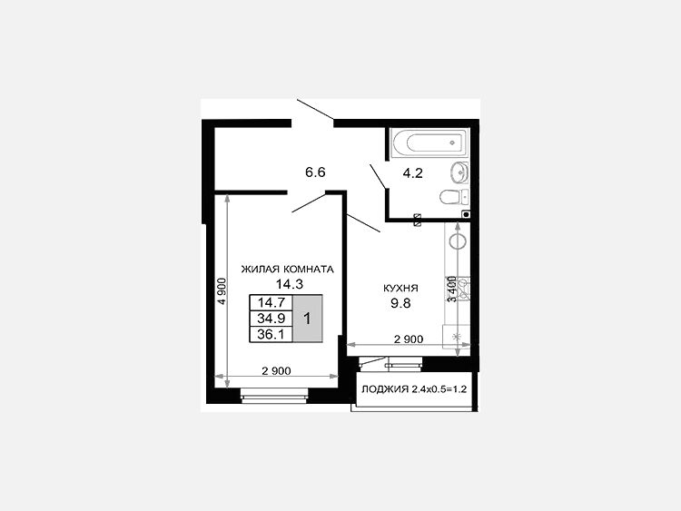 1-комнатная квартира, 34.90 м², 2/16 этаж фото 0