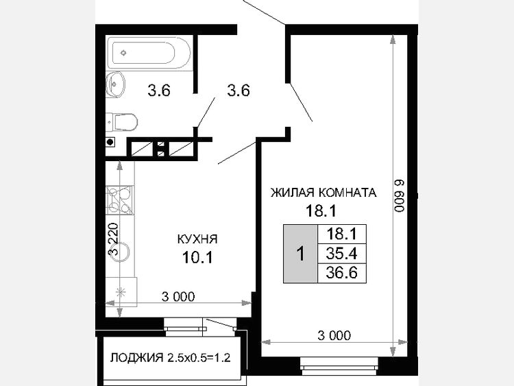 1-комнатная квартира, 35.40 м², 3/16 этаж фото 0