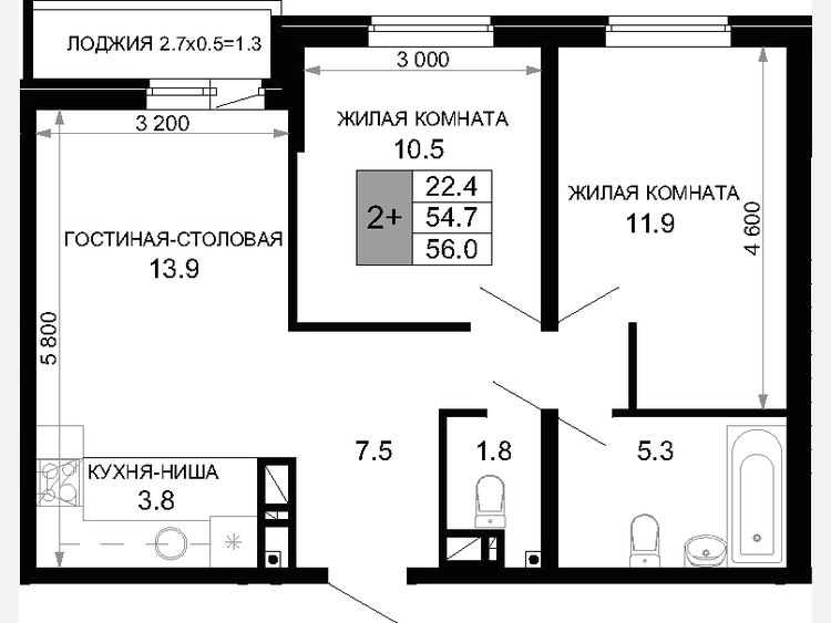 3-комнатная квартира, 54.70 м², 5/16 этаж фото 0