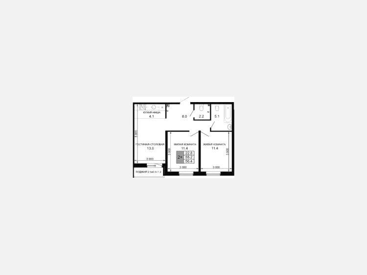 3-комнатная квартира, 55.20 м², 2/16 этаж фото 0