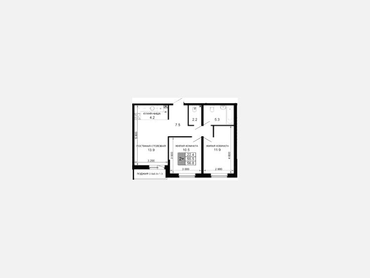 3-комнатная квартира, 55.50 м², 2/16 этаж фото 0