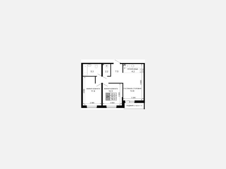 3-комнатная квартира, 55.50 м², 2/16 этаж фото 0