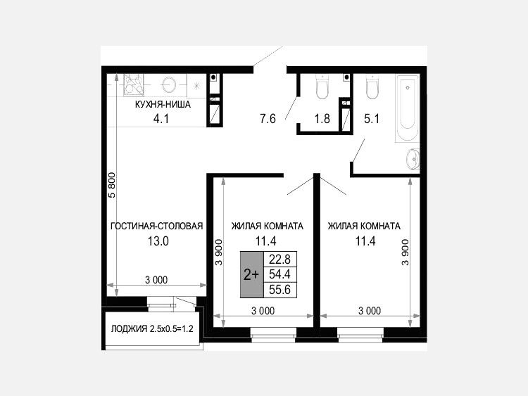 3-комнатная квартира, 54.40 м², 14/16 этаж фото 0