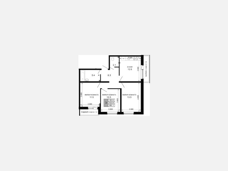 3-комнатная квартира, 63.90 м², 2/16 этаж фото 0