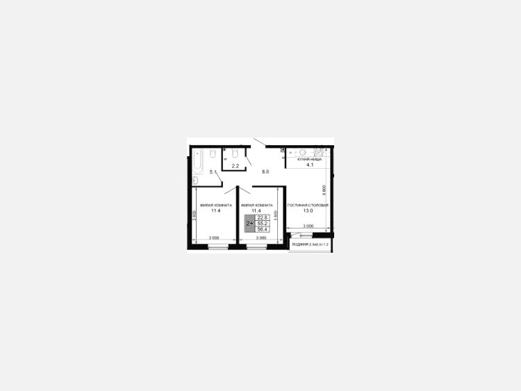 3-комнатная квартира, 55.20 м², 2/16 этаж фото 0