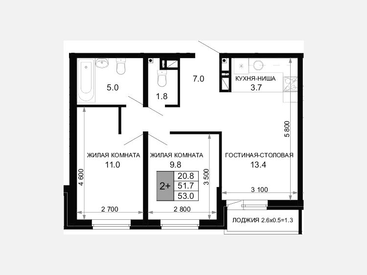 3-комнатная квартира, 51.70 м², 13/16 этаж фото 0