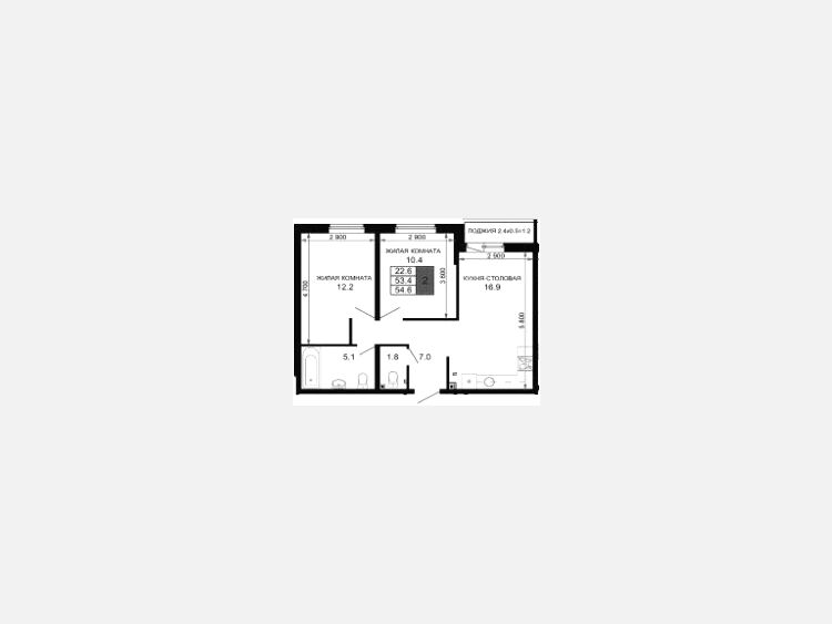 2-комнатная квартира, 53.40 м², 2/16 этаж фото 0