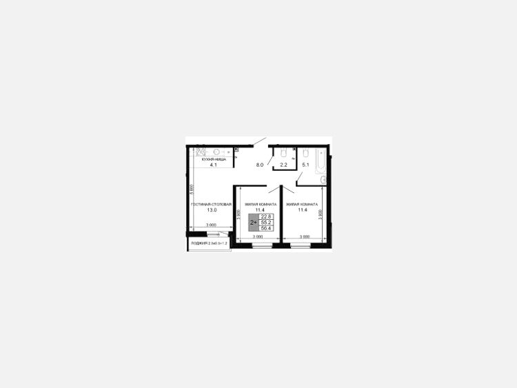 3-комнатная квартира, 55.20 м², 2/16 этаж фото 0