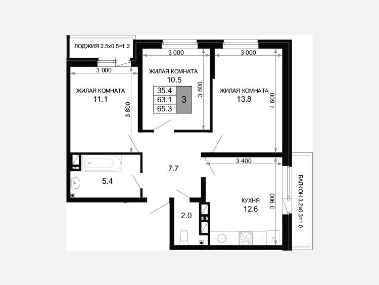 3-комнатная квартира, 63.10 м², 5/16 этаж фото 0