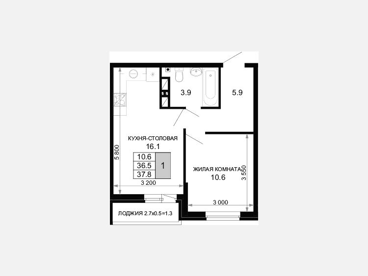 1-комнатная квартира, 36.50 м², 6/16 этаж фото 0