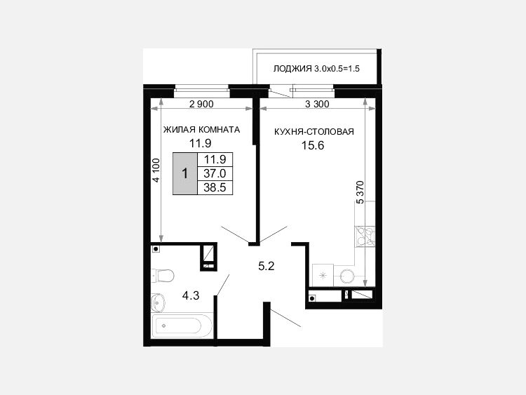 1-комнатная квартира, 37 м², 4/16 этаж фото 0