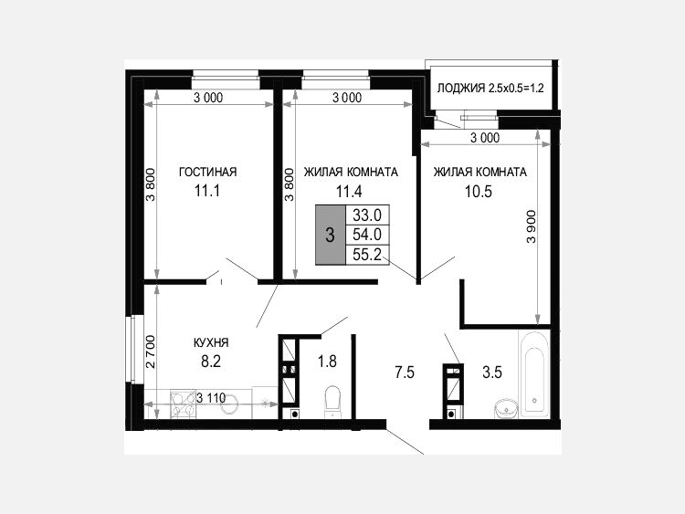3-комнатная квартира, 54 м², 10/16 этаж фото 0