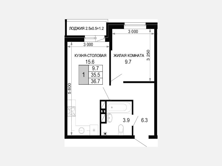 1-комнатная квартира, 35.50 м², 16/16 этаж фото 0