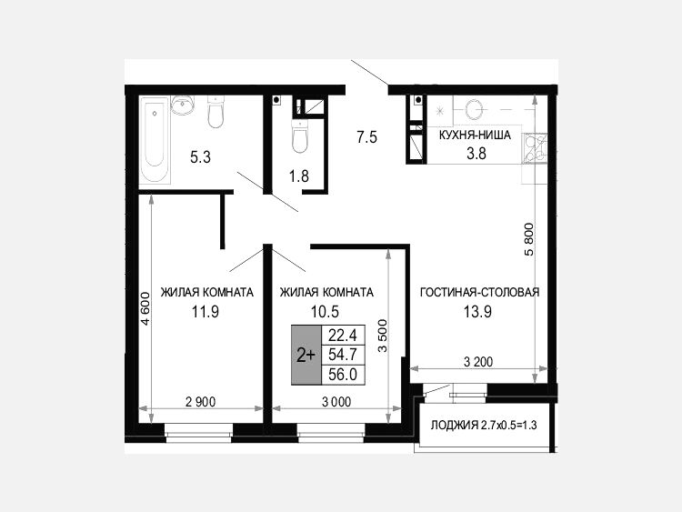 3-комнатная квартира, 54.70 м², 8/16 этаж фото 0