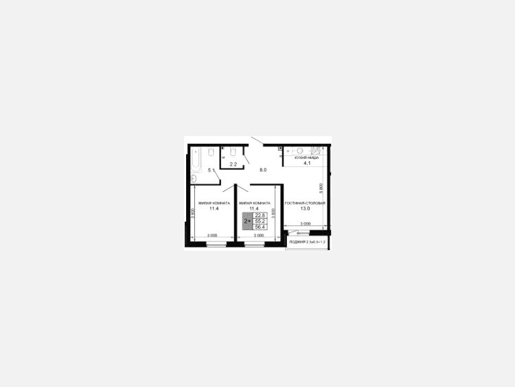 3-комнатная квартира, 55.20 м², 2/16 этаж фото 0