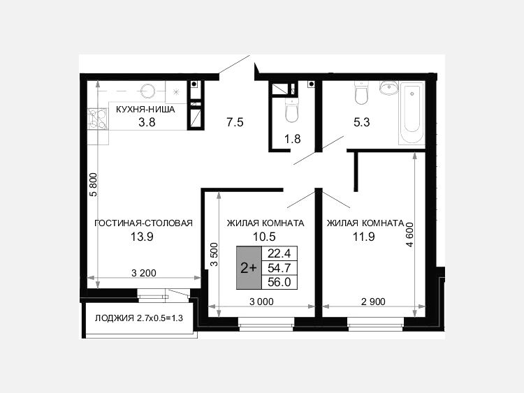 3-комнатная квартира, 54.70 м², 15/16 этаж фото 0