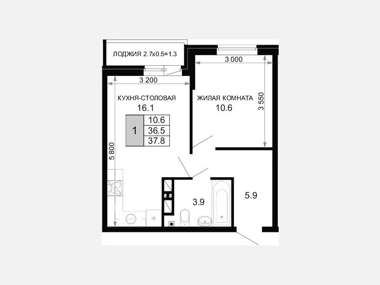 1-комнатная квартира, 36.50 м², 13/16 этаж фото 0