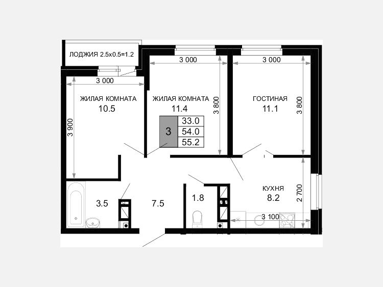 3-комнатная квартира, 54 м², 10/16 этаж фото 0