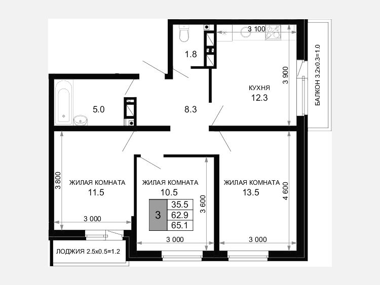 3-комнатная квартира, 62.90 м², 11/16 этаж фото 0